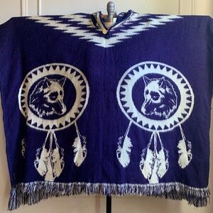 Vintage Wolf in Dream Catcher Wool Fringe Poncho